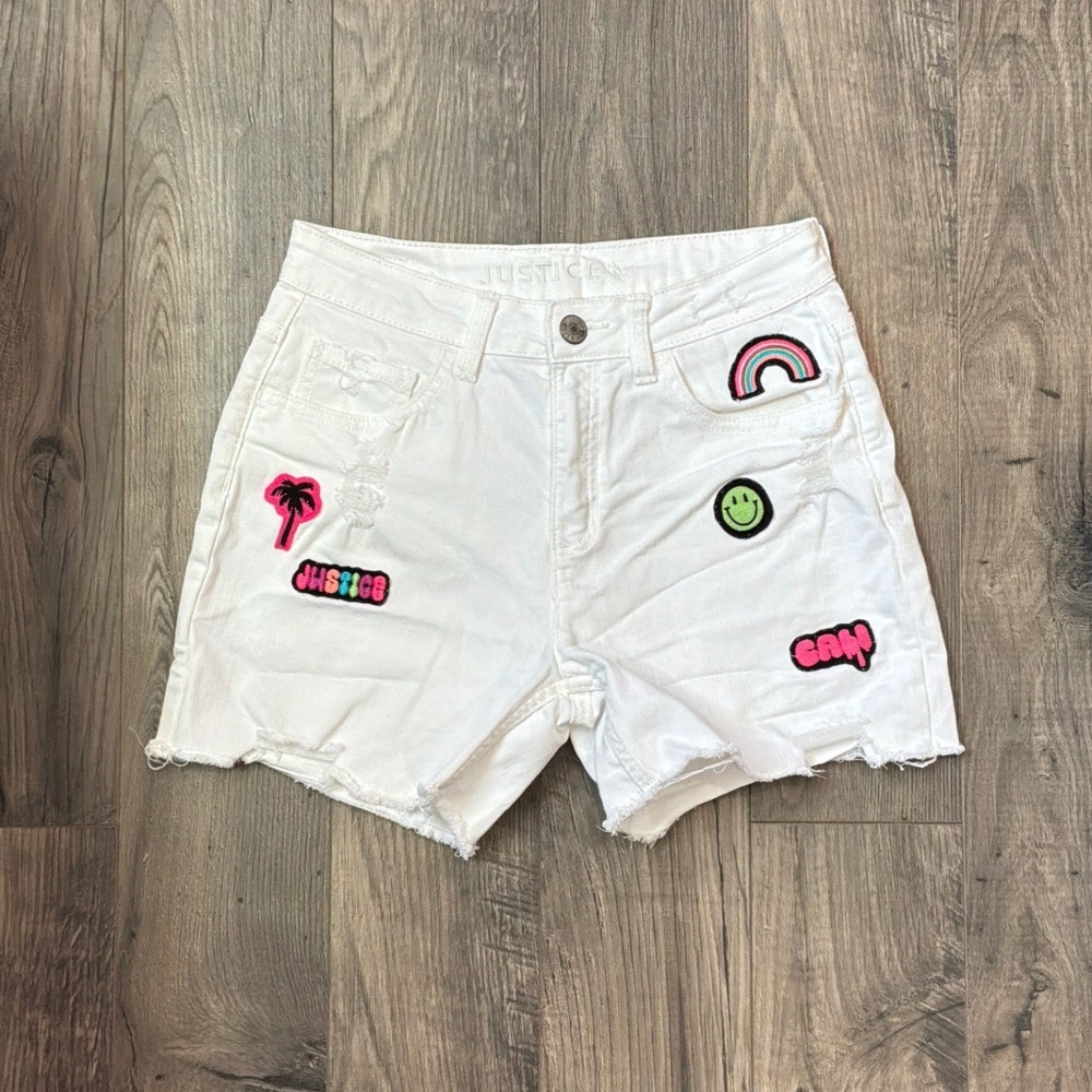 Justice Girls White Denim Patch Shorts Distressed Raw Hem Size 18 BLCWHT